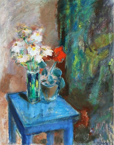 "Still life with flowers on blue chairl" Oil painting on canvas.
