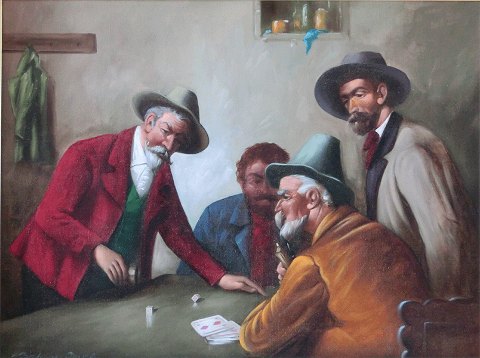 "Card Players" oil painting in a beautiful frame.