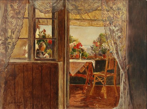 "On the porch" Summer Landscape with views through the garden door. Oil painting on canvas.