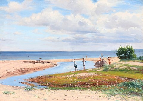 "Bathing children, Bornholm" Oil on canvas, cleaned and in good condition.