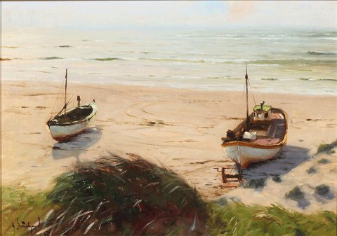 "Boat on the beach at Løkken" Oil painting on canvas.