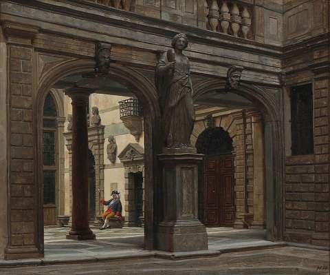 "Parti fra Atrio Qvadrato i Doge Paladset i Venedig. Olie maleri på lærred i original ramme.