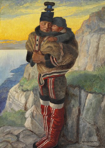 "Grønlandsk kvinde i egnsdragt bærende på barn" Olie maleri på lærred.