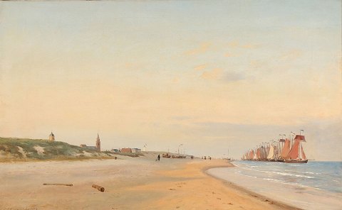 "People and fishing boats on the beach at Scheveningen" Oil painting on canvas.