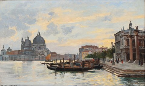 "Venedig, Canal Grande" Med fortøjrede gondoler. Olie maleri i pæn original ramme, Sign. Venezia 1888.