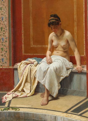 Young woman in Turkish bath looking at 2 lizards" Oil painting on canvas.