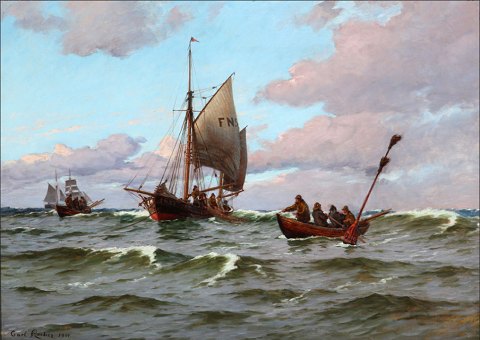 "Fishing boats on the sea, Frederikshavn" Large beautiful oil painting in a beautiful frame.