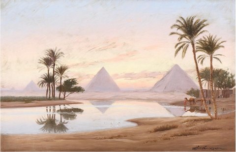 "Morning at the Nile with the pyramids on the horizon. Oil painting on canvas.