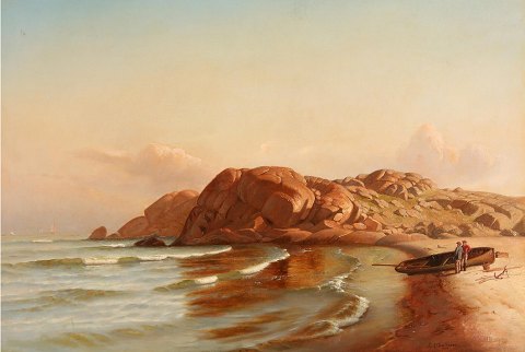 "Motif from rocky coast" Large beautiful oil painting in original gold frame, has just been cleaned by a professional.