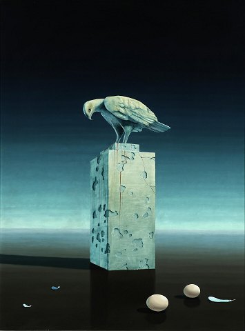 "Still life with stone bird" Oil painting on panel in silver frame.