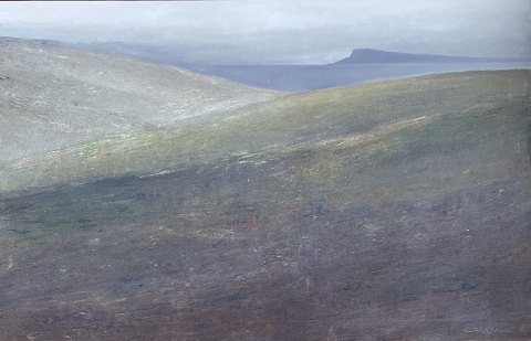 "Grey Light Faroe Islands" beautiful oil painting in original condition, however with cracks in the sky,  Light natural frame.