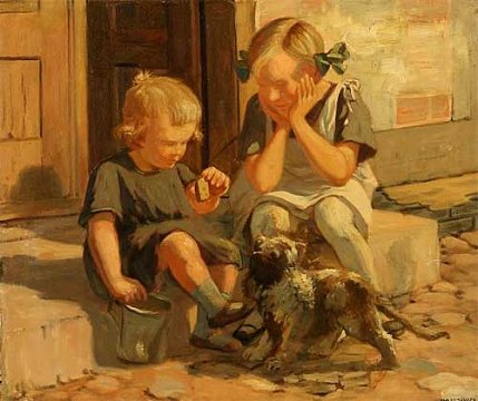 Children playing with a dog.