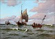 "Fishing boats on the sea, Frederikshavn" Large beautiful oil painting in a beautiful frame.