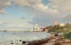 "Kystparti med sejlskibe ved Middelfart havn" Olie maleri på lærred.