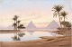 "Morning at the Nile with the pyramids on the horizon. Oil painting on canvas.